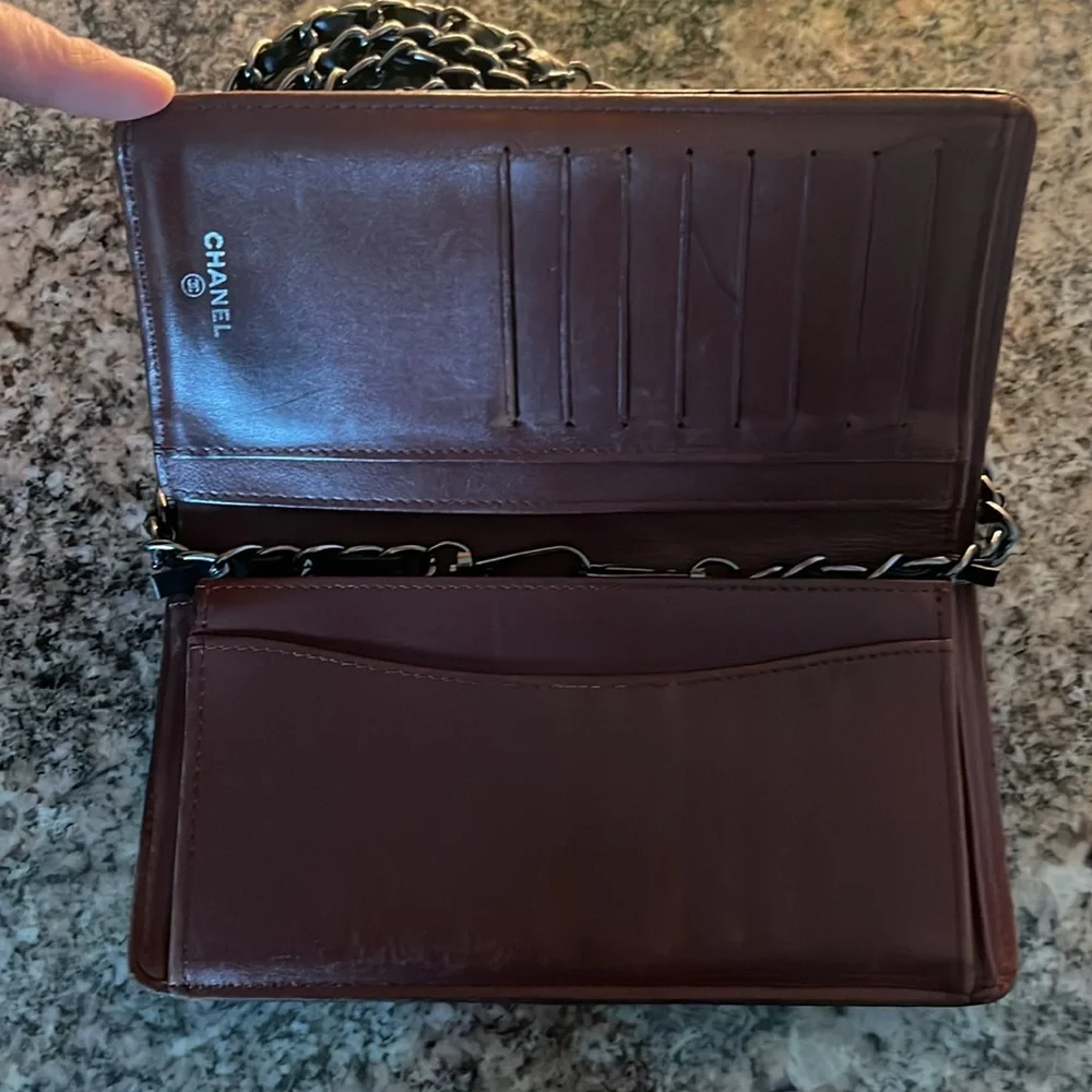 CHANEL Black Quilted Leather Wallet on Chain with Silver-Tone Hardware